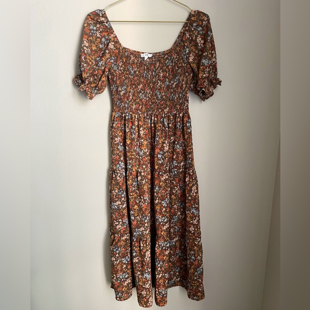 Mine Brown Floral Print Smocked Puff Sleeve Midi Dress